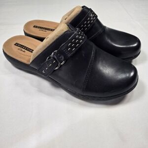 Clarks Collection Leisa Sadie Navy Leather Mules Clogs Womens 8 W Wide Comfort